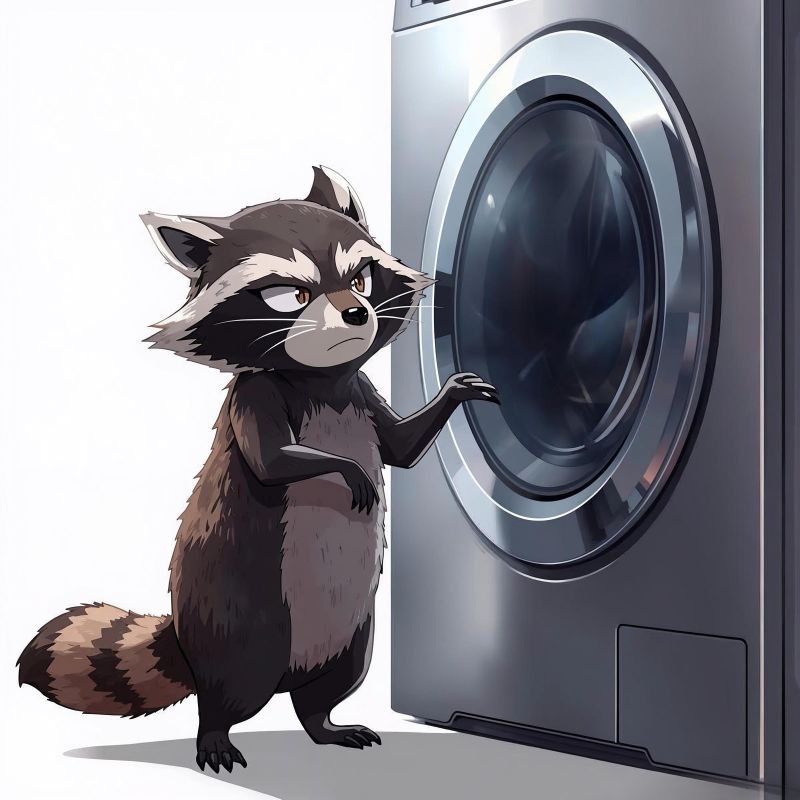 a raccoon surrounded by washing machines