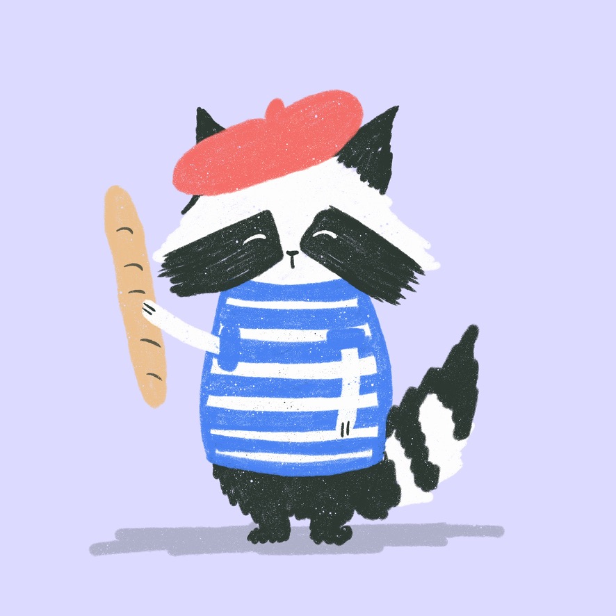 a racoon wearing a beret and holding a baguette