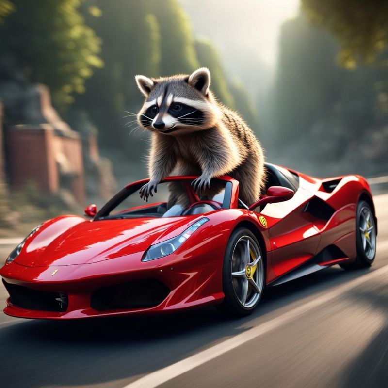 racoon in a ferarri