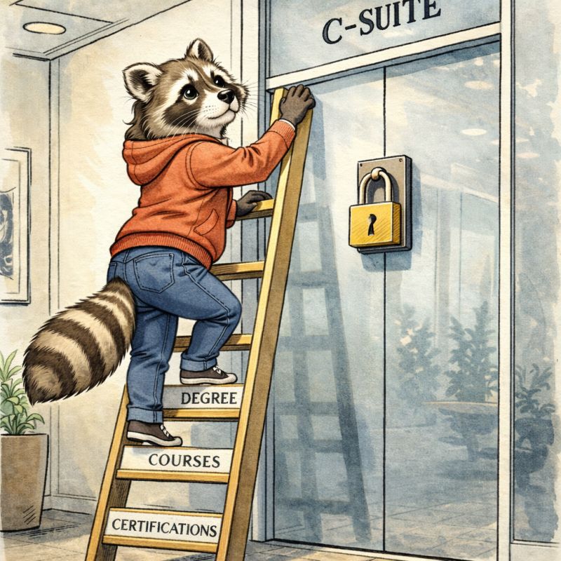 a woman looking thoughtfully at a wall of qualifications